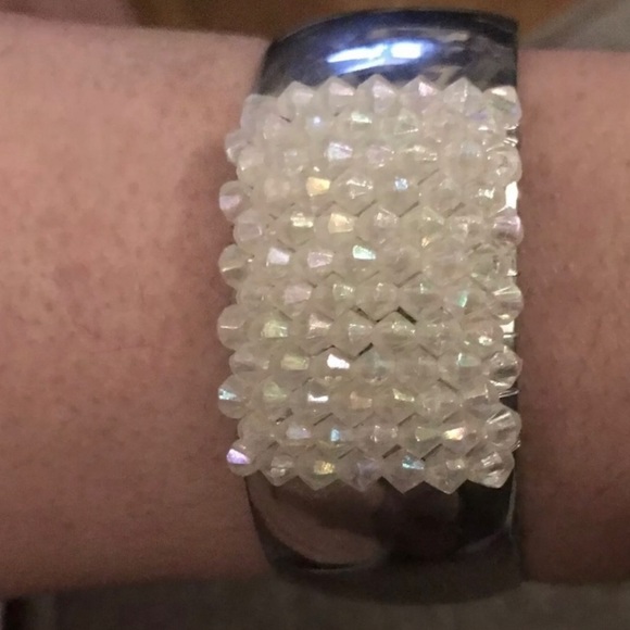 Aurora Borealis Geometric Square Beaded Large Thick Stainless Steel Cuff Bangle - Picture 3 of 12